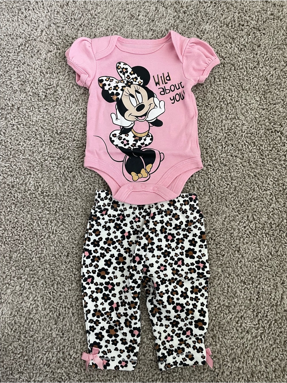 Disney Pink Minnie Mouse Bodysuit and Leopard Print Pants Set